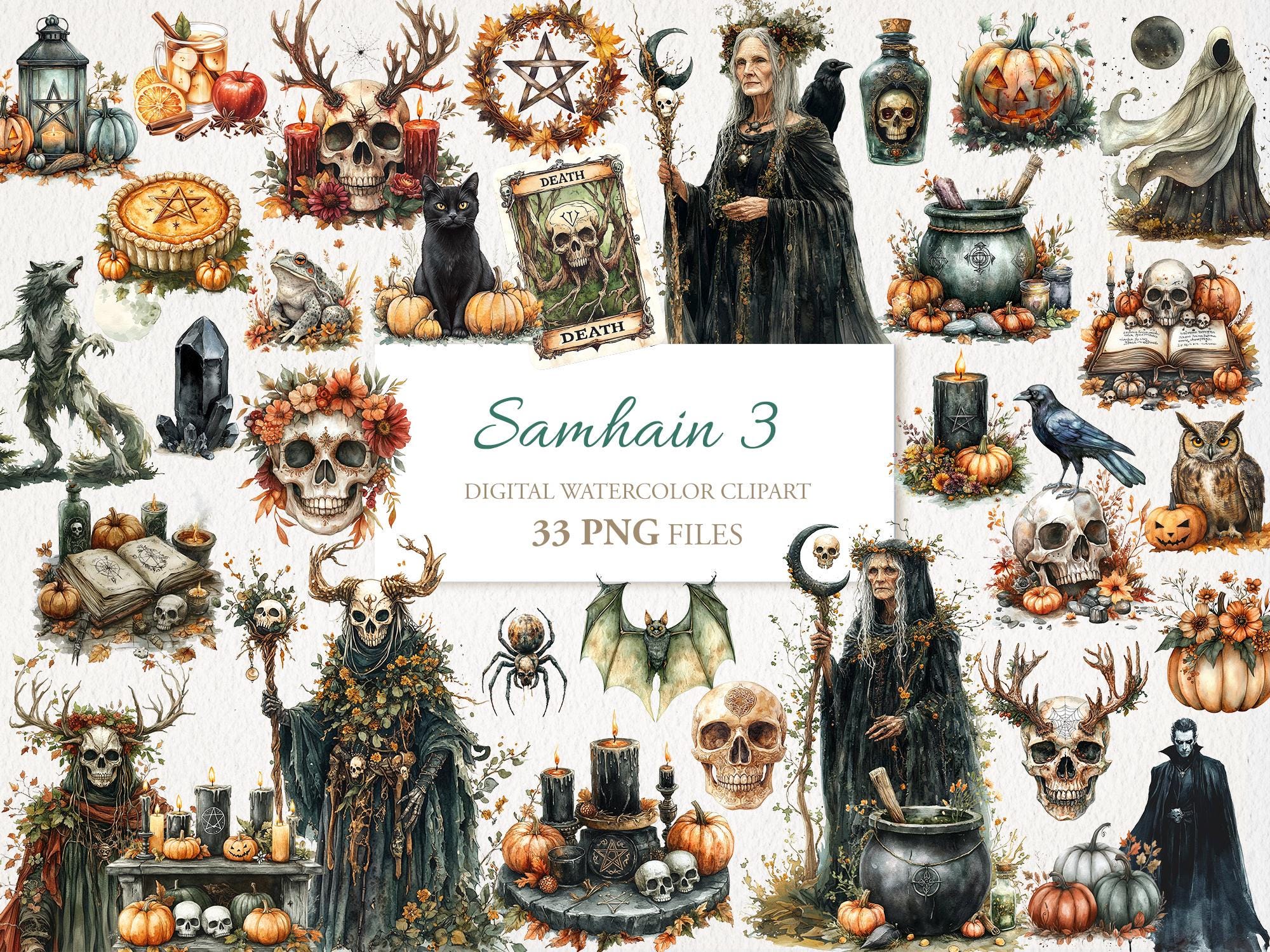 Samhain Wiccan Magic Watercolor Clipart Bundle. Wicca Halloween Pagan. AI Illustration. Commercial Use. Scrapbook Junk Journal Cards. 33 PNG
