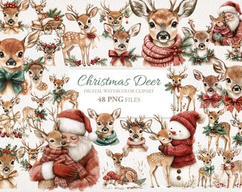 Cerf de Noël, renne. Lot de cliparts aquarelle hiver. Téléchargement numérique. Utilisation commerciale. 48 PNG