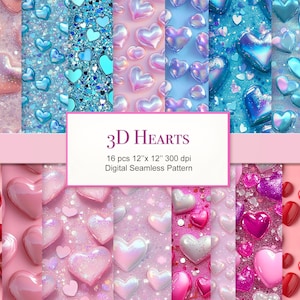 May include: 16 digital seamless patterns featuring 3D hearts in various colors, including pink, blue, red, and white. The hearts are on a glittery background. The patterns are 12 inches by 12 inches and 300 dpi.