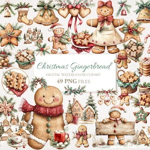 Pan de jengibre navideño. Paquete de imágenes prediseñadas rústicas de invierno en acuarela, rojo y verde. Descarga digital. Uso comercial. 49 imágenes PNG.