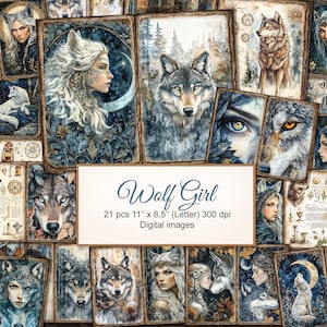 Wolf Girl Junk Journal Seiten. Geist Tier Totem Fantasy Witchy Grimoire. Digitaler Download. 21 PACK