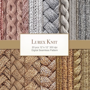 Könnte beinhalten: 20 digitale nahtlose Muster aus Strickstoff mit einem metallischen Schimmer in Gold, Silber und Roségold. Jedes Muster ist 30,48 cm x 30,48 cm groß und hat 300 dpi. Die Muster heißen "LUREX KNIT".