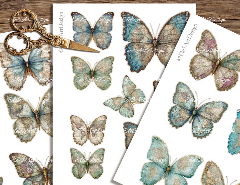 Map Butterfly Vintage Fussy Cuts, Printable Sheets. for Junk Journal ...