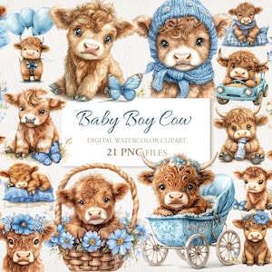 Babyjongen Highland Cow aquarel clipart PNG bundel. Pasgeboren kinderen kinderkamer kunst.  AI-illustratie Instant Download commercieel gebruik. VERPAKKING VAN 21