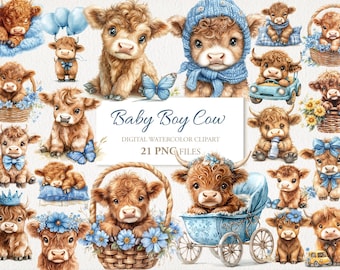 Baby Boy Highland Cow Watercolor Clipart PNG Bundle. Newborn Children Nursery Art.  AI Illustration Instant Download Commercial Use. 21 PACK