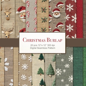 Weihnachten Sackleinen Stoff nahtlose Muster. Gestickte Textur Digitales Kraftpapier-Bundle. Kommerzielle Nutzung. Sammelalbum, Junk Journal. 20ER PACK