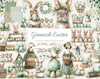 May include: Watercolor digital clipart set with a greenish Easter theme. The image features bunnies, ducks, eggs, and floral elements. The text "Greenish Easter" is displayed in the center. 45 PNG, 4 JPG files.