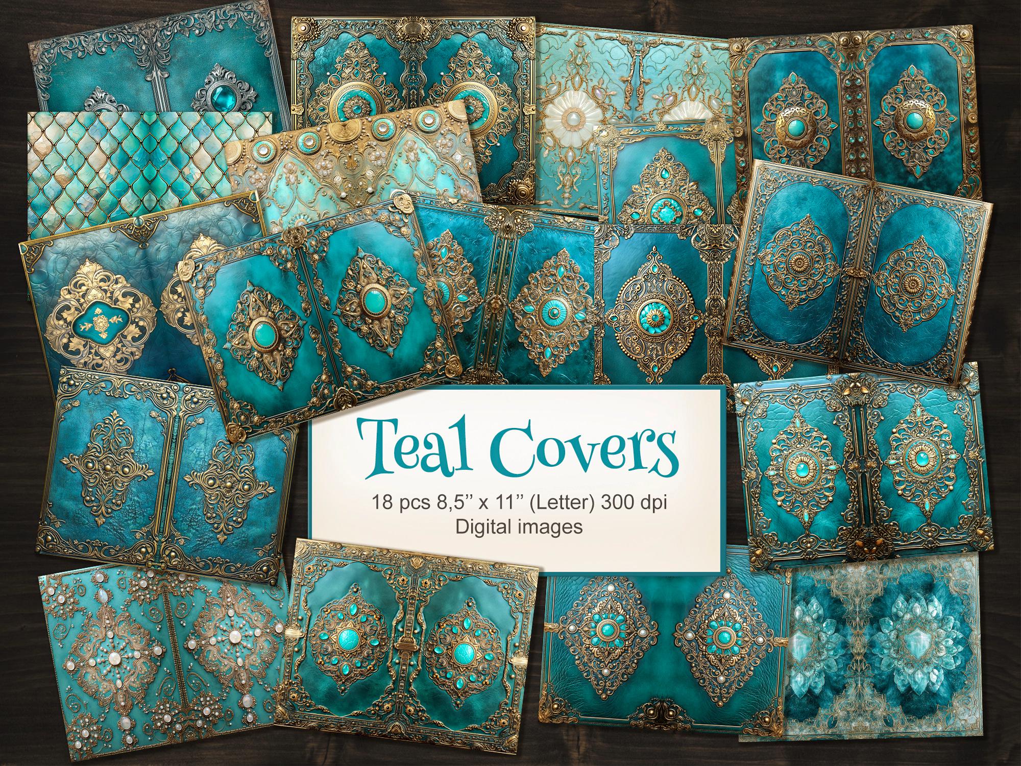 Teal Blue Golden Junk Journal Covers. Digital Download. Printable Vintage Magic Spell Book Cover. Papers, Scrapbook. 18 PACK