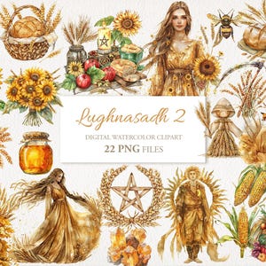 Lughnasadh Lammas Wicca Wiccan Celta Neopagan Acuarela Clipart PNG Paquete AI Ilustración. Uso comercial. Diario de álbum de recortes de bruja, paquete de 22