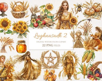 May include: Watercolor clipart set featuring a variety of images related to the Lughnasadh festival, including wheat, sunflowers, a woman in a yellow dress, a jar of honey, a pentagram, and a cornucopia. The text "Lughnasadh 2" and "22 PNG Files" is also included in the image.