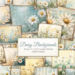 Daisy Flower Junk Journal Backgrounds Printable Pages. Abstract, Floral. Digital Download. AI Illustration. 32 PACK