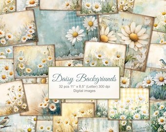 Daisy Flower Junk Journal Backgrounds Printable Pages. Abstract, Floral. Digital Download. AI Illustration. 32 PACK