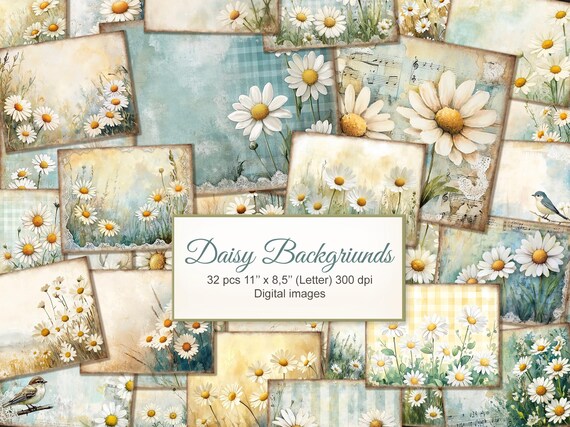 Daisy Flower Junk Journal Backgrounds Printable Pages. Abstract, Floral. Digital Download. AI Illustration. 32 PACK