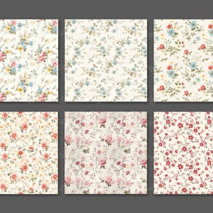 May include: Six floral pattern designs featuring various arrangements of flowers in shades of pink, blue, yellow, and red on a cream background. The patterns include roses, small blossoms, and other floral elements, suitable for fabric or wallpaper.