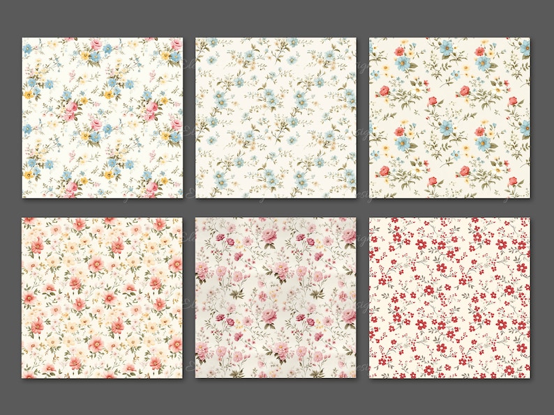 May include: Six floral pattern designs featuring various arrangements of flowers in shades of pink, blue, yellow, and red on a cream background. The patterns include roses, small blossoms, and other floral elements, suitable for fabric or wallpaper.