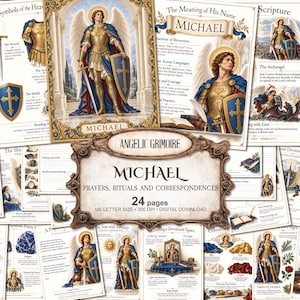 May include: A digital collection of 24 pages titled Angelic Grimoire Michael Prayers, Rituals and Correspondences. The pages feature illustrations of Archangel Michael in gold armour with a blue shield and sword, alongside text and religious symbols.