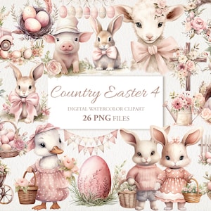 Country Farmhouse Easter Watercolor Clipart PNG Bundle. AI Illustration. Instant Download for Commercial Use. Junk Journal Card. 26 PACK