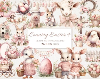 May include: A set of 26 digital watercolor clipart images featuring a country Easter theme. The images include bunnies, chicks, lambs, eggs, baskets, flowers, and other Easter decorations. The images are in a soft pink and white color palette.