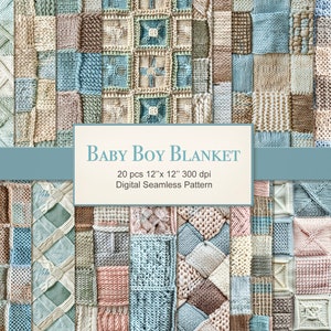 Puede incluir: Un paquete de papel digital de 20 patrones sin costuras que presentan diversas texturas de punto en colores azul, marrón y crema. Cada patrón mide 30,5 cm por 30,5 cm a 300 dpi. El texto "BABY BOY BLANKET" se muestra en la parte superior de la imagen.