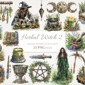 Herbal Witch Witchcraft Aquarela Wiccan Clipart PNG Bundle. Ilustração de IA. Download instantâneo para uso comercial. Scrapbook Junk Journal