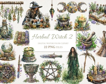 May include: A digital watercolor clipart set featuring 22 PNG files of herbal witch themed illustrations. The set includes a witch, herbs, potions, candles, a mortar and pestle, a book, a crystal ball, a pentagram, and more.