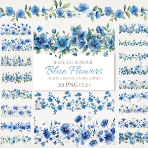 Blauwe bloemen bloemen naadloze rand aquarel clipart 33 PNG bundel. AI-illustratie. Digitale download commercieel gebruik. Ongewenste dagboekkaart