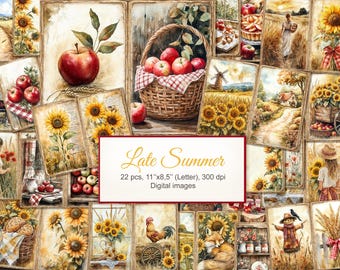 Cuaderno de recortes de finales de verano, imprimible, páginas dobles. Girasoles, manzanas y campos de trigo estilo cottagecore. Descarga digital. Paquete de 22 unidades.