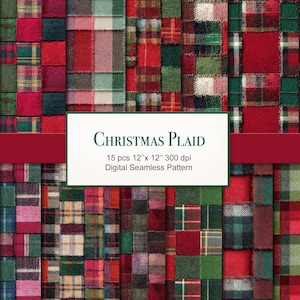 Könnte beinhalten: Ein digitales nahtloses Muster mit einem Patchwork-Design aus Weihnachtsplaid in Rot-, Grün- und neutralen Tönen. Das Bild enthält den Text "Christmas Plaid" und Produktdetails. Jedes Stück ist 30,48 cm x 30,48 cm bei 300 dpi.
