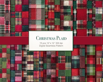 Christmas Patchwork Tartan Plaid Fabric. Seamless Pattern. Digital Download. 15 PACK