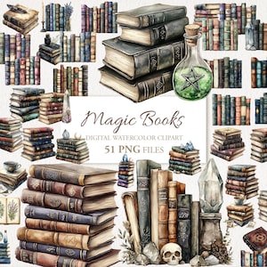 Peut inclure: Illustration à l'aquarelle de divers livres anciens, empilements et étagères. Une bouteille de potion avec un symbole d'étoile et le texte "Magic Books" sont également présents. L'image est un clipart numérique à l'aquarelle avec 51 fichiers PNG.