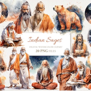 Indian Sages Watercolor Clipart PNG Bundle. Rishi, Hindu AI Illustration.  Digital Download. Commercial Use. Scrapbook Junk Journal. 20 PACK