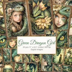 以下が含まれることがあります： 緑のドラゴンガール、ドラゴン、自然のシーンをフィーチャーした20枚のデジタル画像のコラージュ。画像は11インチ×8.5インチ、300dpiです。
