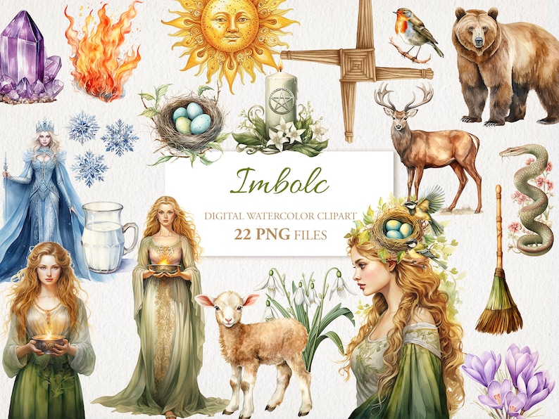 May include: Watercolor clipart featuring various elements, including a sun with a face, a bear, a deer, a snake, a lamb, and a woman. The text "Imbolc" and "Digital Watercolor Clipart" are also present. The image has a white background.