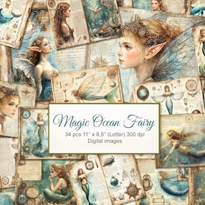 Magic Ocean Underwater Fairy Mermaid vintage Grimoire Junk Journal. Pages imprimables de sorcellerie et d'alchimie. Téléchargement numérique. 34 PAQUET
