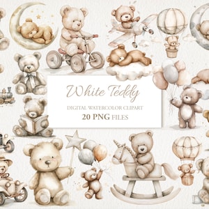 Witte teddybeer aquarel clipart PNG-bundel. Kinderkamer kunst. AI-illustratie. Direct downloaden voor commercieel gebruik. 20 PAK