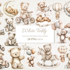 White Teddy Bear Watercolor Clipart PNG Bundle.  Children Nursery Art.  AI Illustration. Instant Download for Commercial Use. 20 PACK