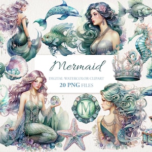 Mermaid Watercolor Clipart PNG Bundle. AI Illustration. Digital Download. Commercial Use. Underwater Fairy Scrapbook Junk Journal. 20 PACK