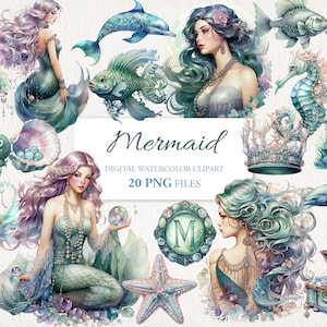 Meerjungfrau Aquarell Clipart PNG Bundle. KI Illustration. Digitaler Download. Kommerzielle Nutzung. Unterwasser Fee Scrapbook Junk Journal. 20ER PACK
