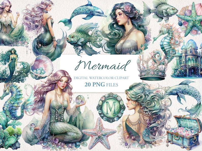Mermaid Watercolor Clipart PNG Bundle. AI Illustration. Digital ...