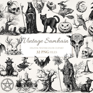 Vintage Samhain Wicca Magic Line Art Clipart-bundel. Wicca Halloween Pagan. AI-illustratie commercieel gebruik. Plakboek ongewenste dagboek. 32 png
