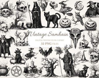 May include: Black and white digital watercolor clipart collection with a vintage Samhain theme. The illustrations include skulls, witches, bats, cats, pumpkins, and other spooky elements. The text "Vintage Samhain" and "32 PNG FILES" are also included.
