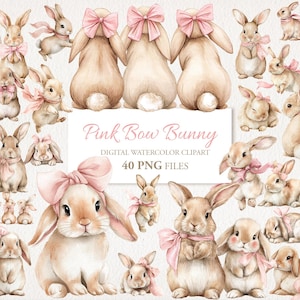 Może przedstawiać: Klip art akwarelowy przedstawiający liczne króliki w różnych pozach, ozdobione różowymi kokardami. Obraz zawiera tekst "Pink Bow Bunny" i "40 PNG FILES". Króliki są w odcieniach brązu i beżu.
