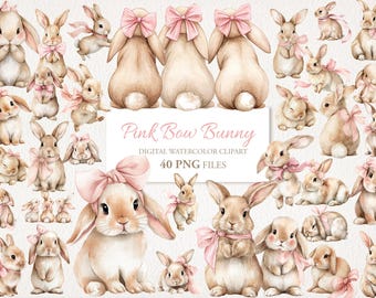 May include: Watercolor clipart featuring numerous bunnies in various poses, adorned with pink bows. The image includes the text "Pink Bow Bunny" and "40 PNG FILES". The bunnies are in shades of brown and beige.