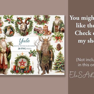 May include: A digital watercolor clipart set of 20 Yule-themed illustrations. The set includes a variety of images, including a goat, a man with antlers, a Santa Claus figure, and a variety of holiday decorations. The text "Yule" is written in a decorative font at the top of the image.