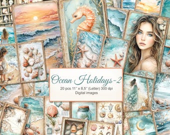 Ocean Sea Summer Holidays Junk Journal Printable Double Pages. Digital Download. AI Illustration. 20 PACK