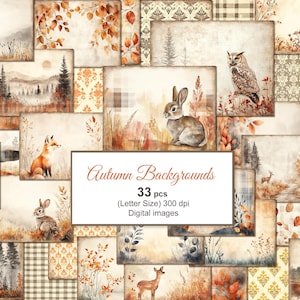 Può includere: Una collezione di 33 sfondi digitali a tema autunnale. Le immagini presentano illustrazioni ad acquerello di animali del bosco, fogliame autunnale e paesaggi in toni caldi e terrosi. Il testo "Autumn Backgrounds" è visualizzato.