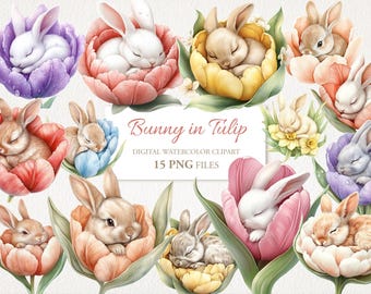 Leuk paashaas konijn in tulp bloem. AI-illustratie. Commercieel gebruik. Plakboek ongewenste dagboekkaarten. 15 png