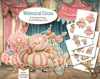 Muñecas de papel con animales y payasos de circo, recortes precisos, efímeros para diario creativo, descarga digital, 5 hojas con muñecas, 9 fondos.