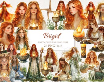 Zestaw akwarelowych clipartów z boginią Brigid Wiccan w formacie PNG. Pobierz natychmiast. Do użytku komercyjnego. Karta do scrapbookingu Junk Journal. 27PNG