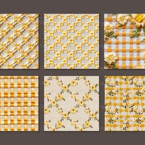 May include: Six different yellow and white embroidered fabric swatches. The swatches feature various patterns including a grid, a floral design, and a checkered pattern.